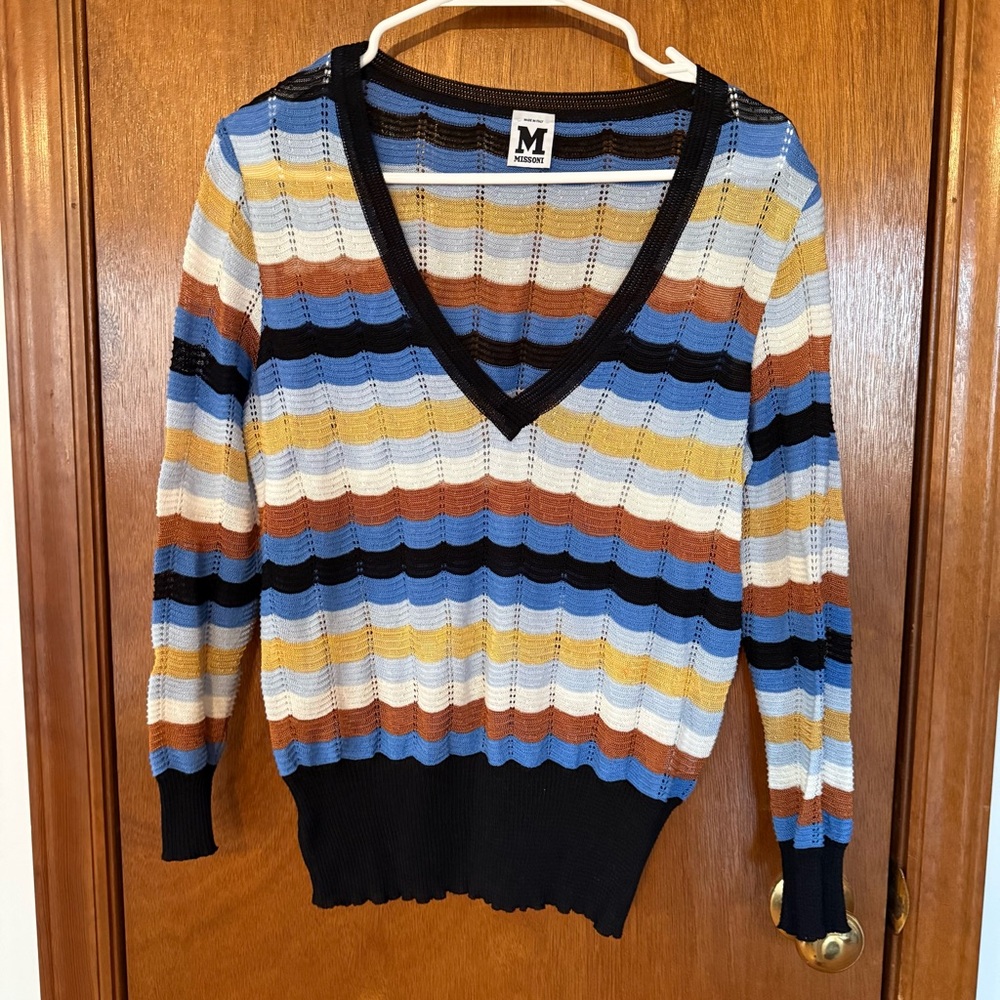 M by Missoni V-Neck Striped Knit Sweater in Blue, Black, Cream, Yellow, Brown